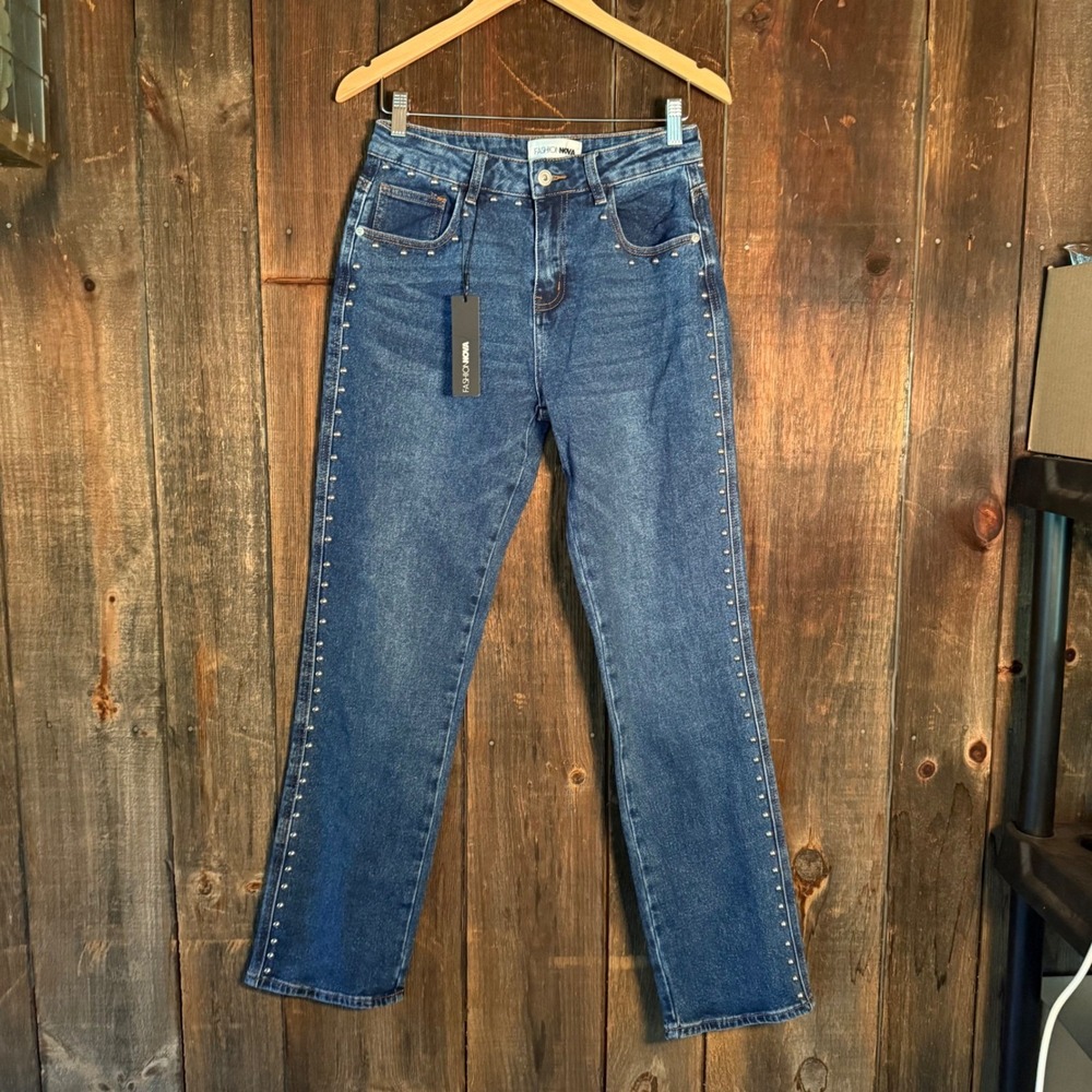 Fashion Nova For Keeps Studded Straight Leg Jeans Medium Wash Blue Denim Size 7